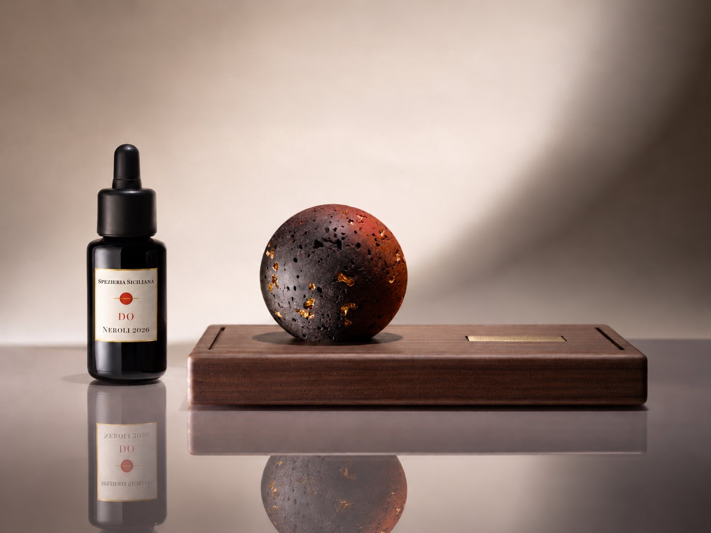 Ara del Tempo: il flacone da 30 ml di DO · Neroli 2026 accanto alla sfera di lava sulla base in noce canaletto, riflessi su un piano scuro