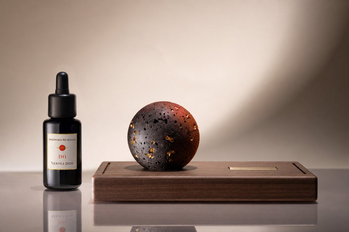 Ara del Tempo: il flacone da 30 ml accanto alla sfera di lava sulla base in noce
