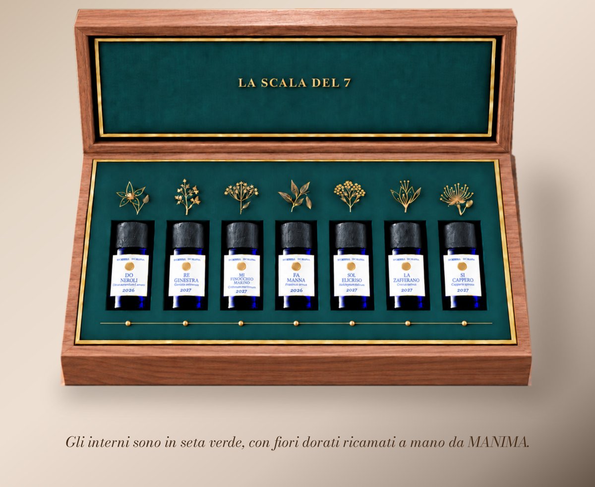 Il cofanetto aperto: sette flaconi su seta verde con fiori dorati ricamati. Testo nell'immagine: «Gli interni sono in seta verde, con fiori dorati ricamati a mano da MANIMA.»