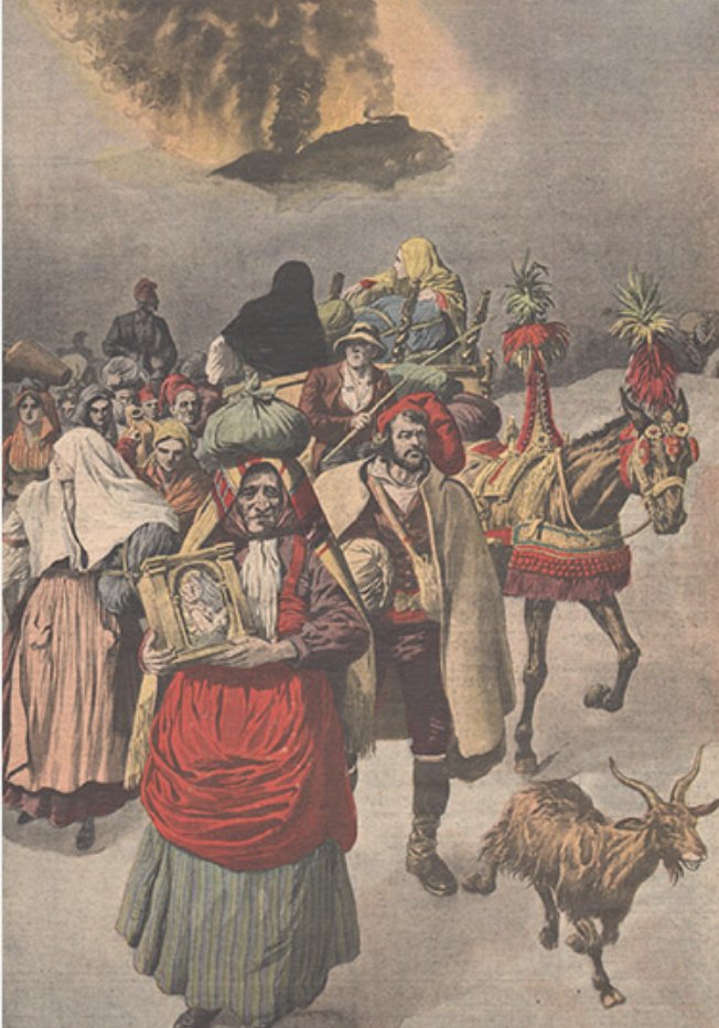 Illustrazione d'epoca: la popolazione in fuga davanti all'eruzione dell'Etna del 1910